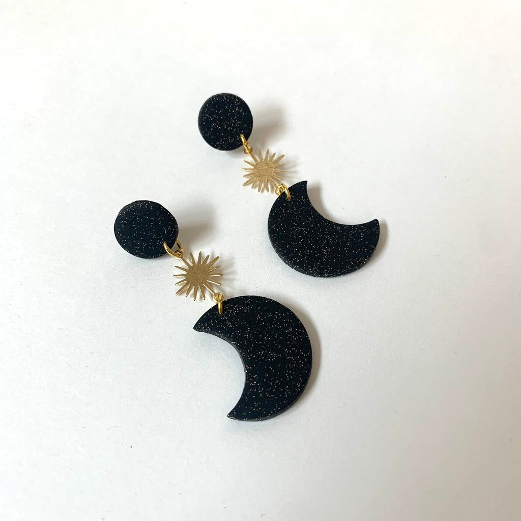 Black Moon and Star Polymer Clay Earrings